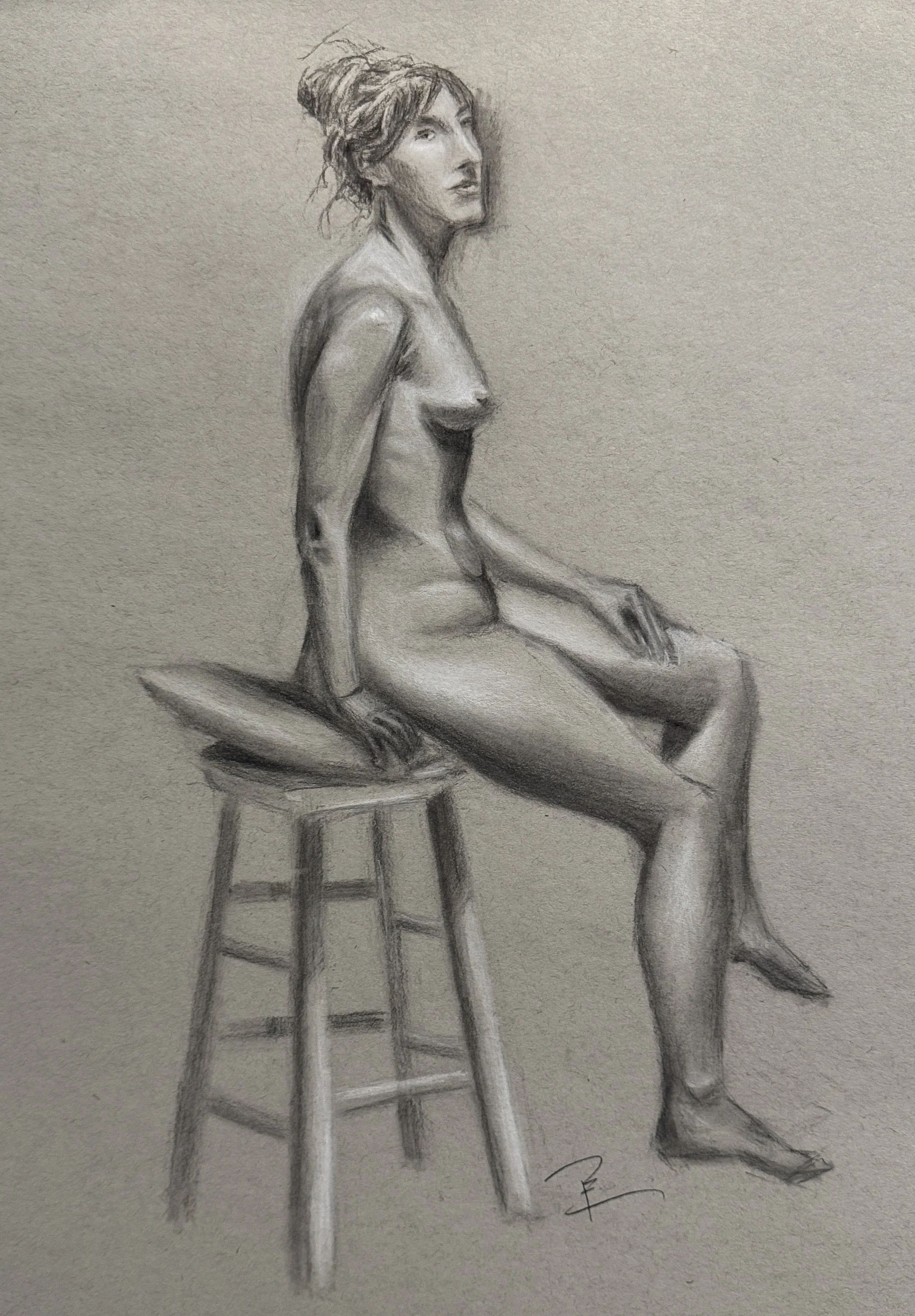 Live Study, Black and White Charcoal on Toned Paper