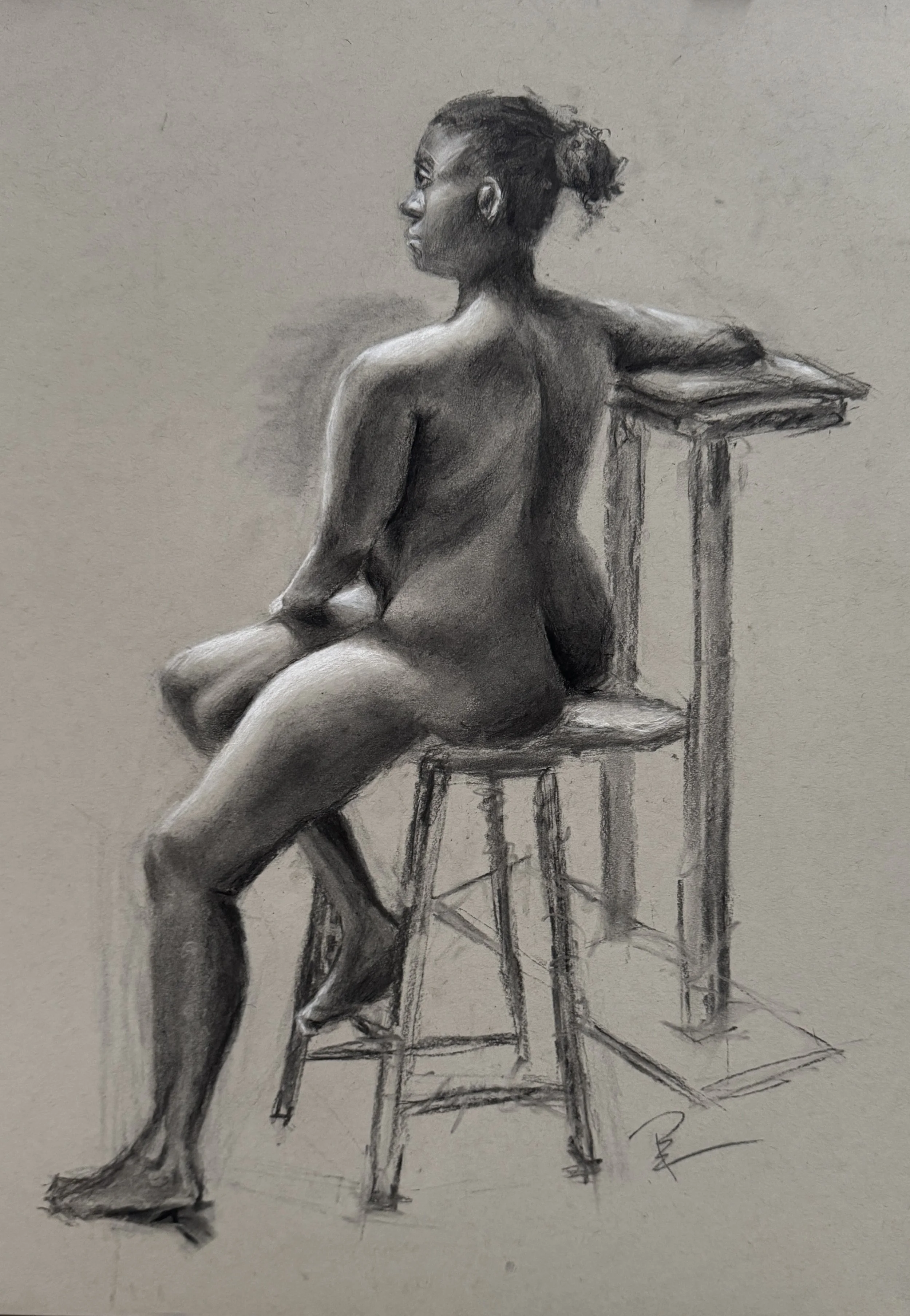 Live Study, Black and White Charcoal on Toned Paper