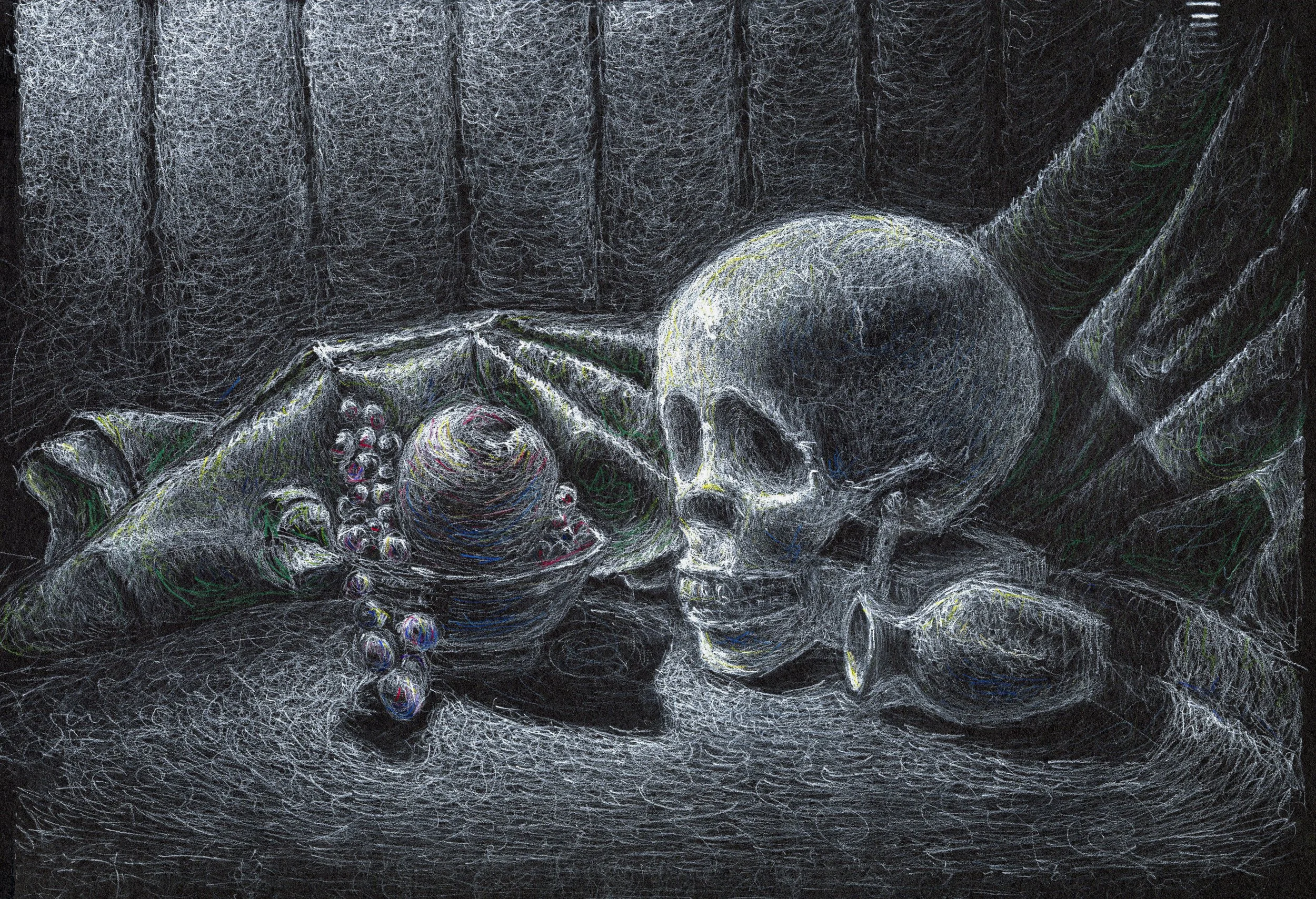 White and Colored Charcoal on Black Paper